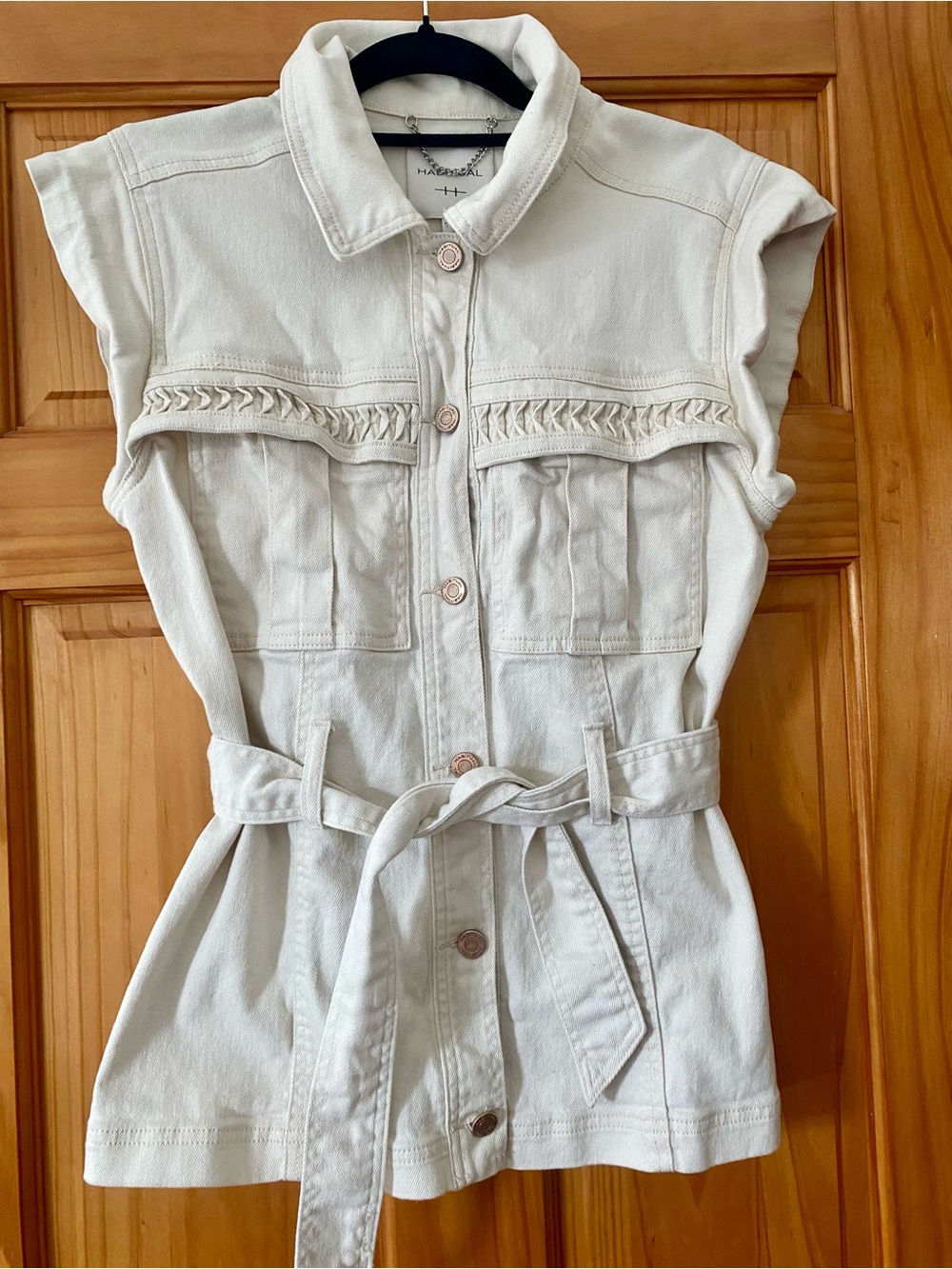 Habitual Belted Denim Utility Vest Jacket Cream Ivory Braided Trim Size Small